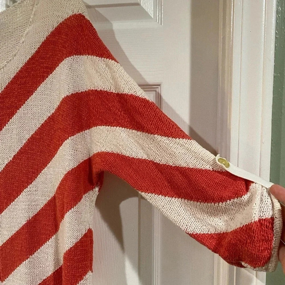 Chicos Womens Sweater 1 Small Chevron Stripe Coral Salmon Ivory Roll-Tab Dolman - Picture 5 of 10